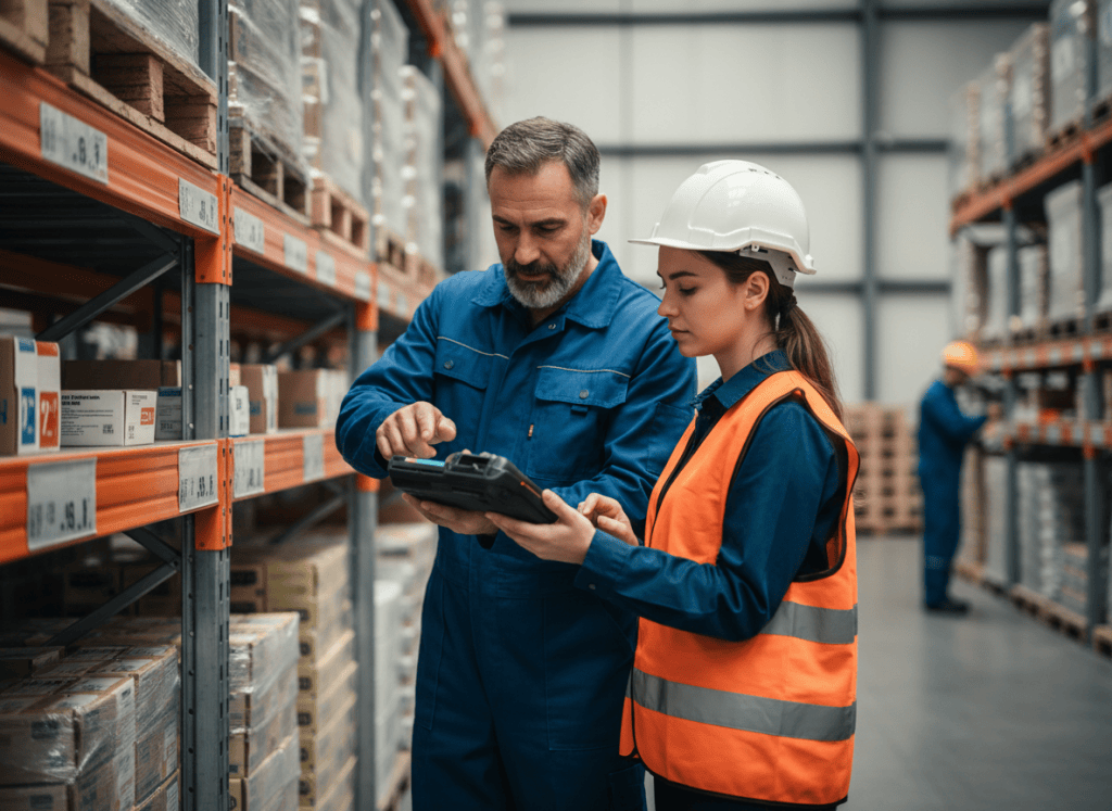 Un superviseur accompagne individuellement un jeune opérateur logistique près d'un poste de scan en entrepôt
