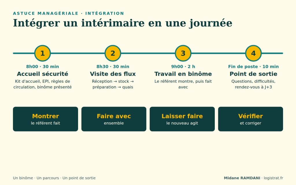 Frise de la première journée d'un intérimaire en 4 étapes et méthode montrer, faire avec, laisser faire, vérifier
