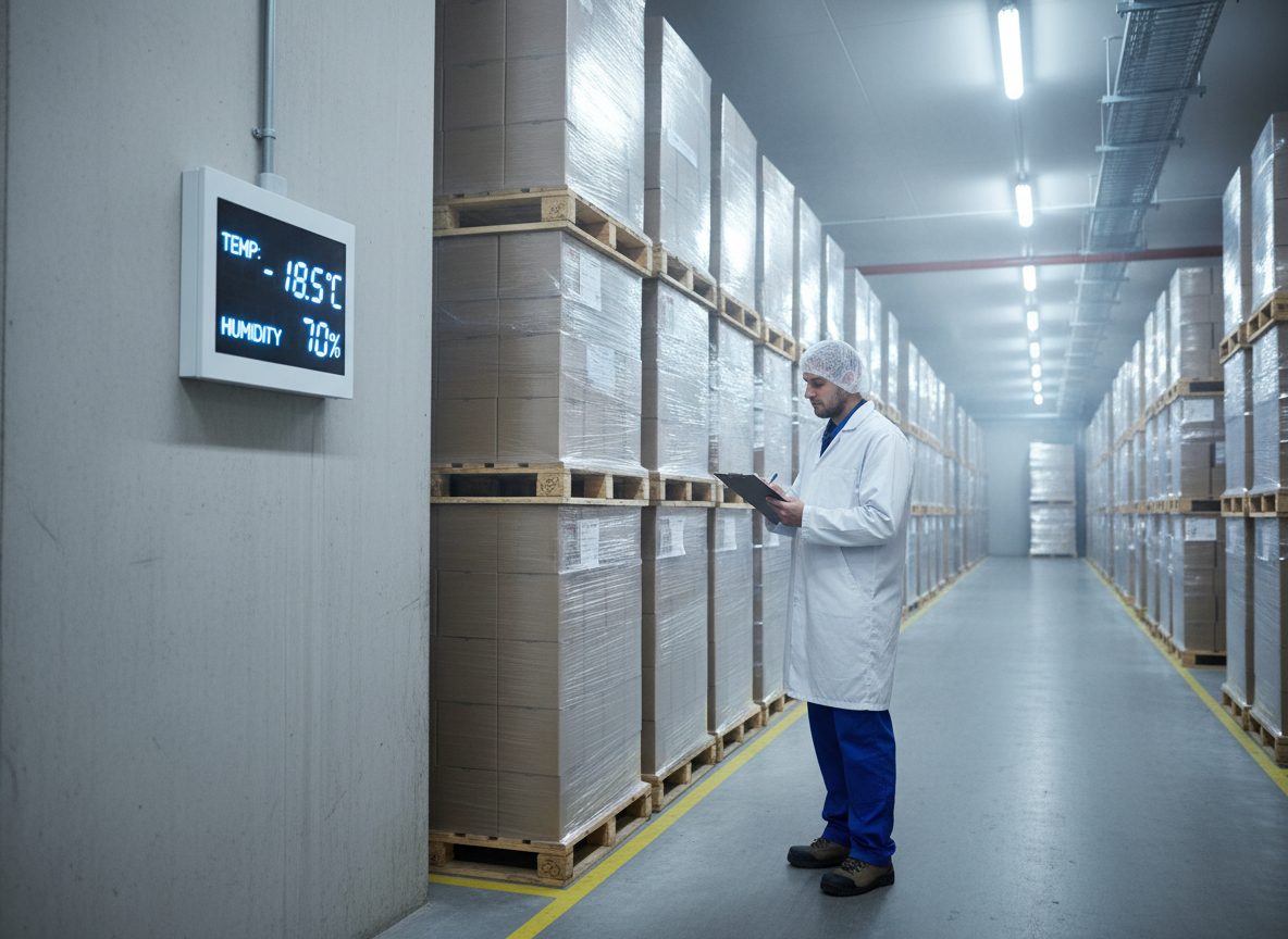 Auditeur en tenue d'hygiène inspectant des palettes dans un entrepôt frigorifique agroalimentaire lors d'un audit PMS