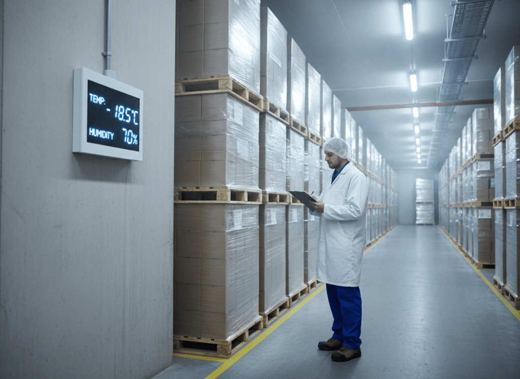 Auditeur en tenue d'hygiène inspectant des palettes dans un entrepôt frigorifique agroalimentaire lors d'un audit PMS