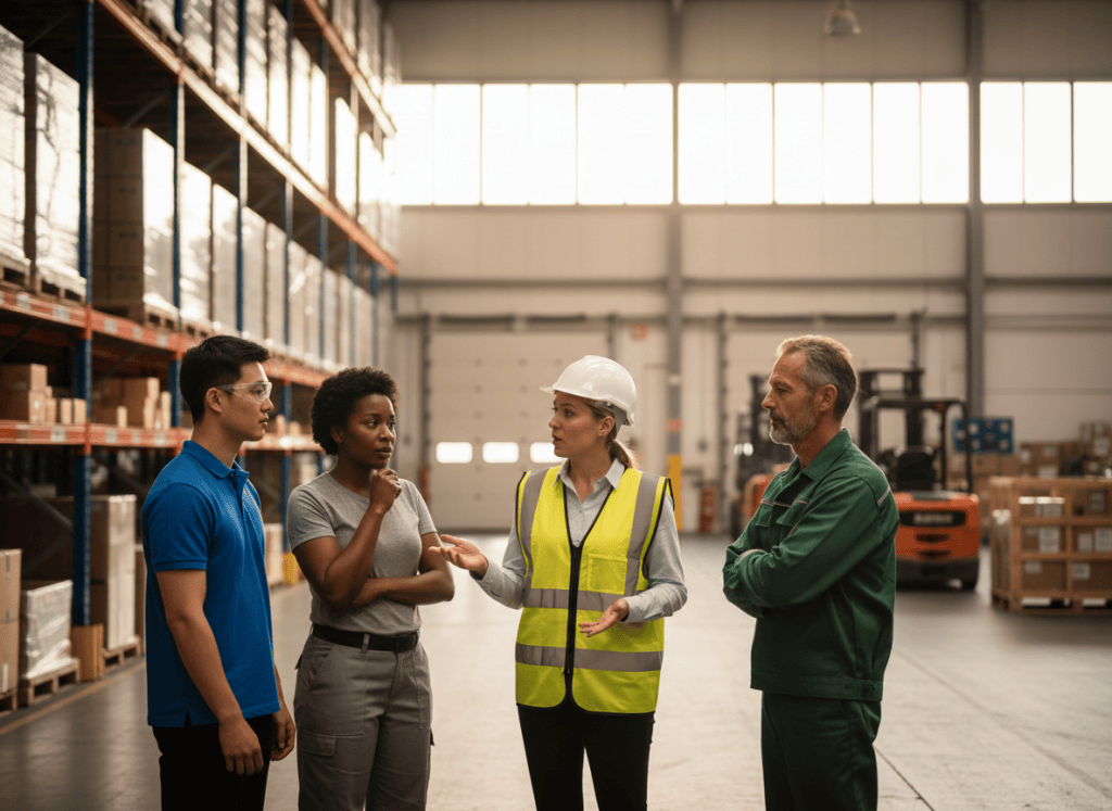 Un chef d'équipe échange avec des collaborateurs d'âges différents lors d'un brief matinal dans un entrepôt logistique
