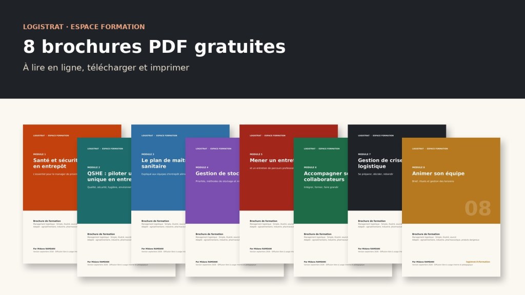 Les couvertures des 8 brochures PDF gratuites de l'espace Formation Logistrat