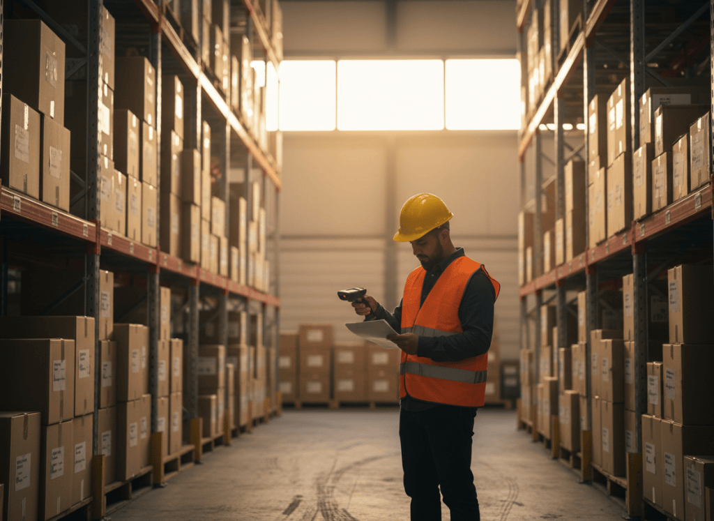 Un opérateur logistique effectue un comptage de stock avec une douchette dans une allée d'entrepôt bordée de rayonnages de palettes.