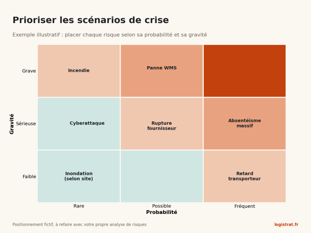 Matrice gravité et probabilité illustrative positionnant incendie, panne WMS, cyberattaque, absentéisme, rupture fournisseur, retard transporteur, inondation.