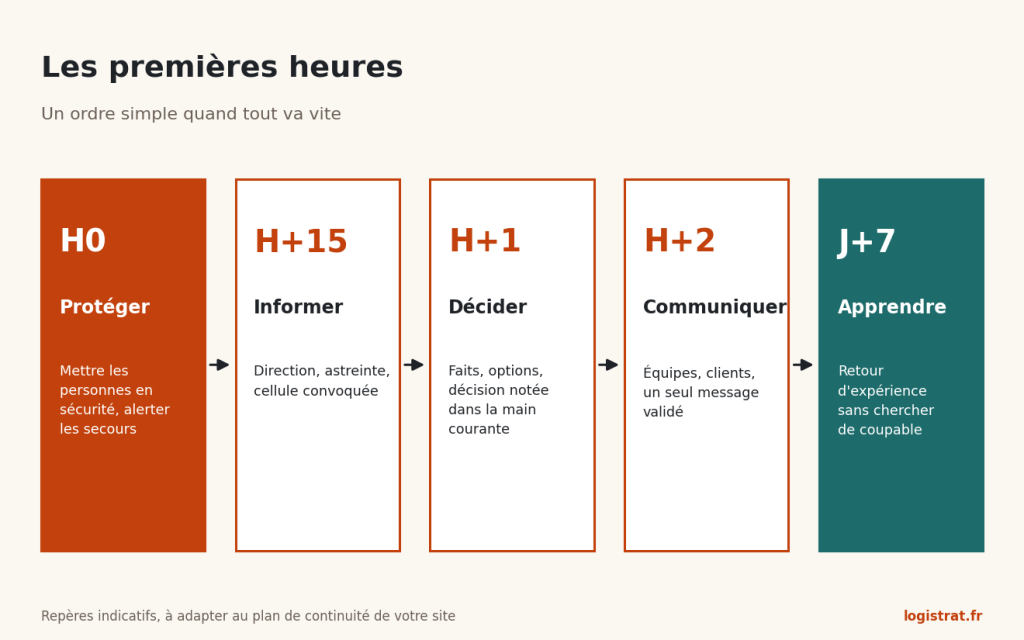Chronologie des premières heures : protéger, informer, décider, communiquer, apprendre.
