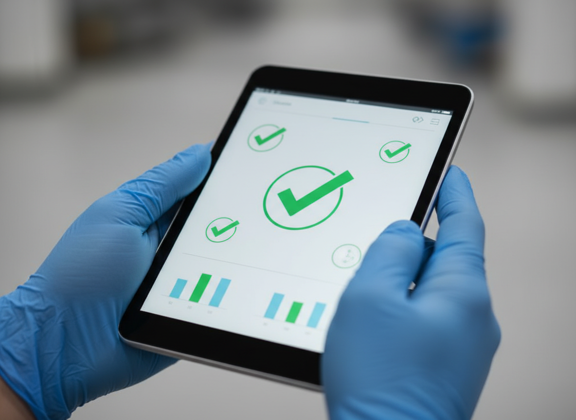Gros plan sur des mains gantées tenant une tablette numérique affichant un tableau de bord de conformité HACCP lors d'un audit du plan de maîtrise sanitaire