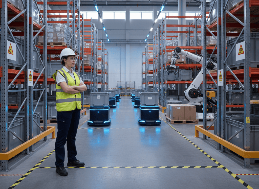 Responsable sécurité observant des robots mobiles autonomes dans un entrepôt automatisé