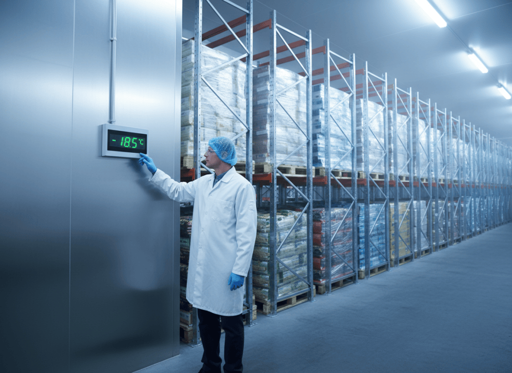 Opérateur vérifiant un capteur de température dans un entrepôt frigorifique agroalimentaire