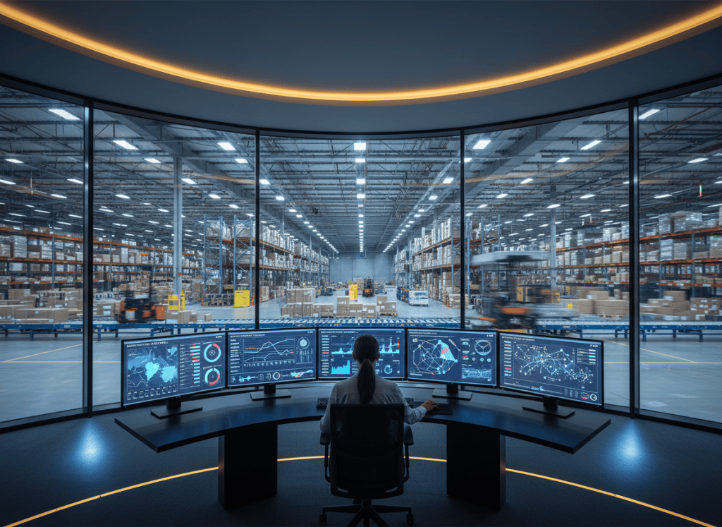 Analyste supply chain consultant des tableaux de bord de prévision dans une salle de pilotage logistique