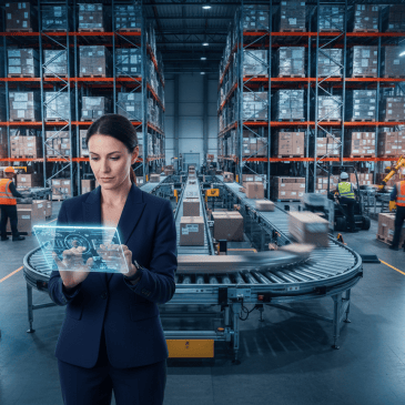 Editorial photograph style image of a modern logistics warehouse hub: a supply chain manager reviewing a digital dashboard on a tablet in the foreground, automated conveyor belts and pallet racking with warehouse workers in the background, dynamic and agile atmosphere suggesting flexibility and rapid adaptation, cool blue and warm amber lighting, professional corporate photography, wide shot, high detail, no visible text or logos