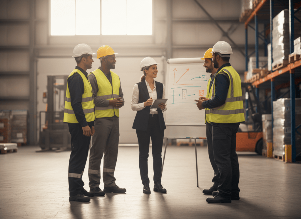 Brief d'équipe matinal dans un entrepôt autour d'un tableau de management visuel