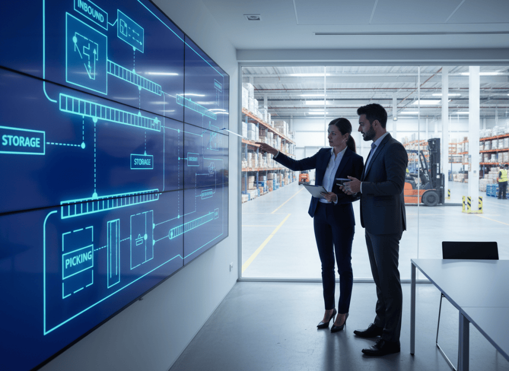 Deux professionnels de la logistique analysant une cartographie des flux d'entrepôt sur écran