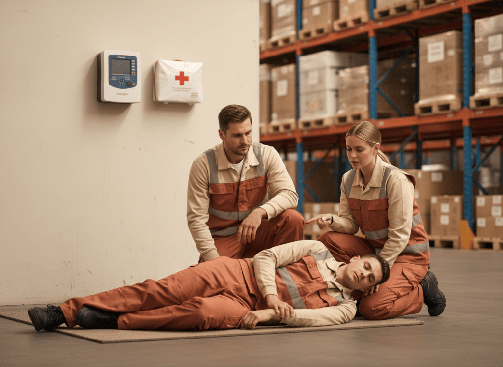 Exercice de premiers secours entre salariés d'entrepôt, sous l'œil d'un formateur, avec un défibrillateur au mur