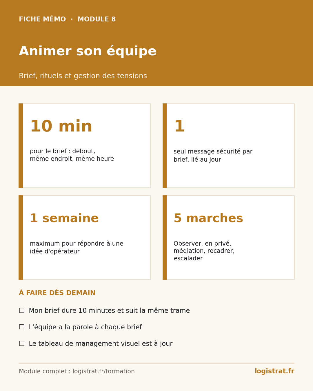 Fiche mémo du module 8 Animer son équipe : chiffres clés et 3 actions à faire dès demain
