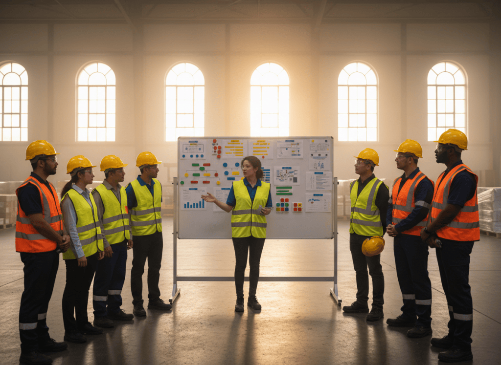 Chef d'équipe animant le brief du matin devant un tableau de management visuel avec son équipe d'entrepôt