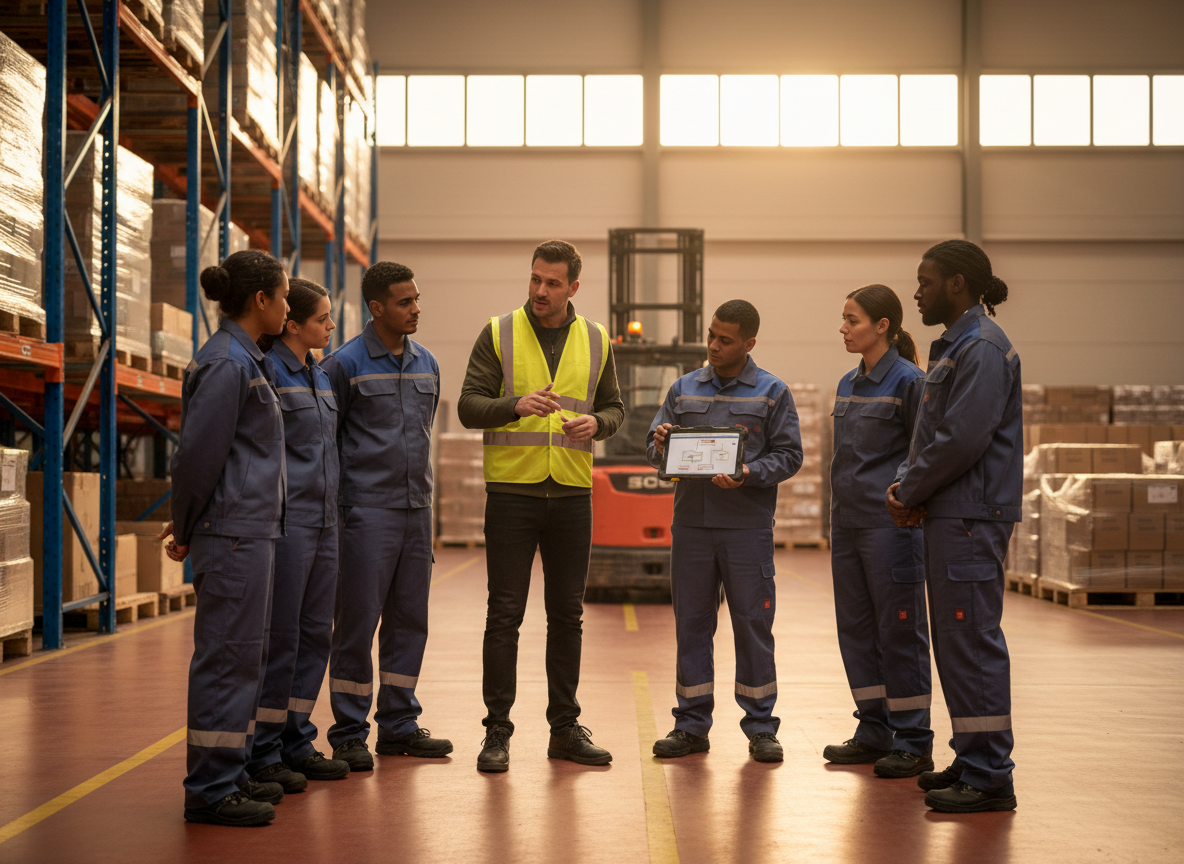 Formateur expliquant une procédure à un groupe d'opérateurs