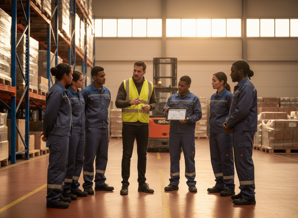 Formateur expliquant une procédure à un groupe d'opérateurs dans un entrepôt logistique