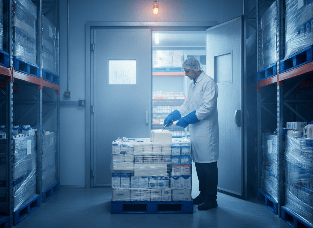 Opérateur en tenue d'hygiène contrôlant la température d'une palette de produits frais en chambre froide