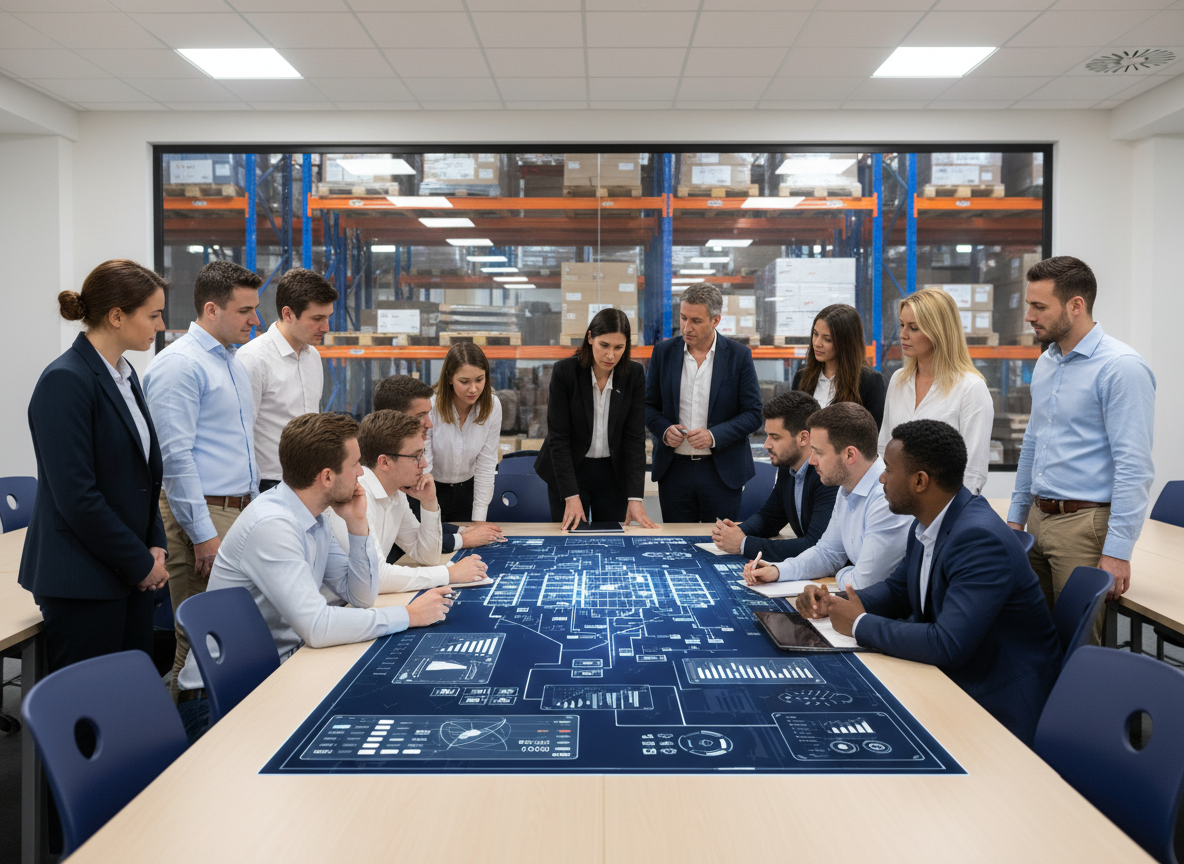 Étudiants et professionnels de la supply chain analysant une cartographie des flux logistiques dans une salle de formation