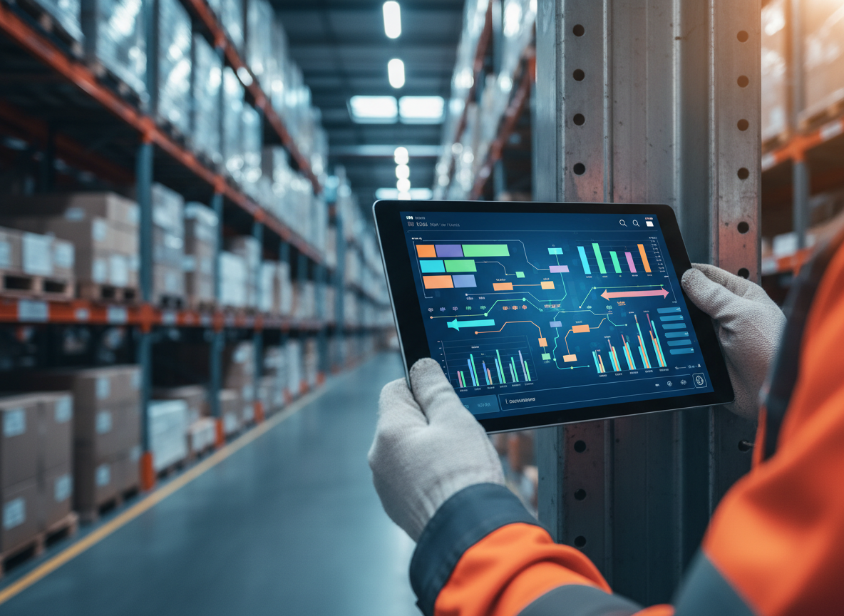 Tableau de bord numérique de suivi des chantiers Kaizen consulté sur tablette dans une allée d'entrepôt organisée selon la méthode 5S