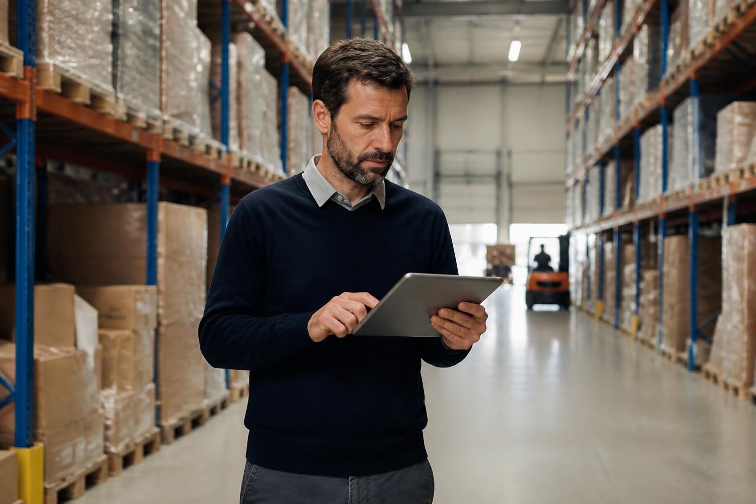 Un responsable logistique consulte une tablette dans les allées d'un entrepôt moderne, en pleine réflexion sur l'amélioration continue de son activité.