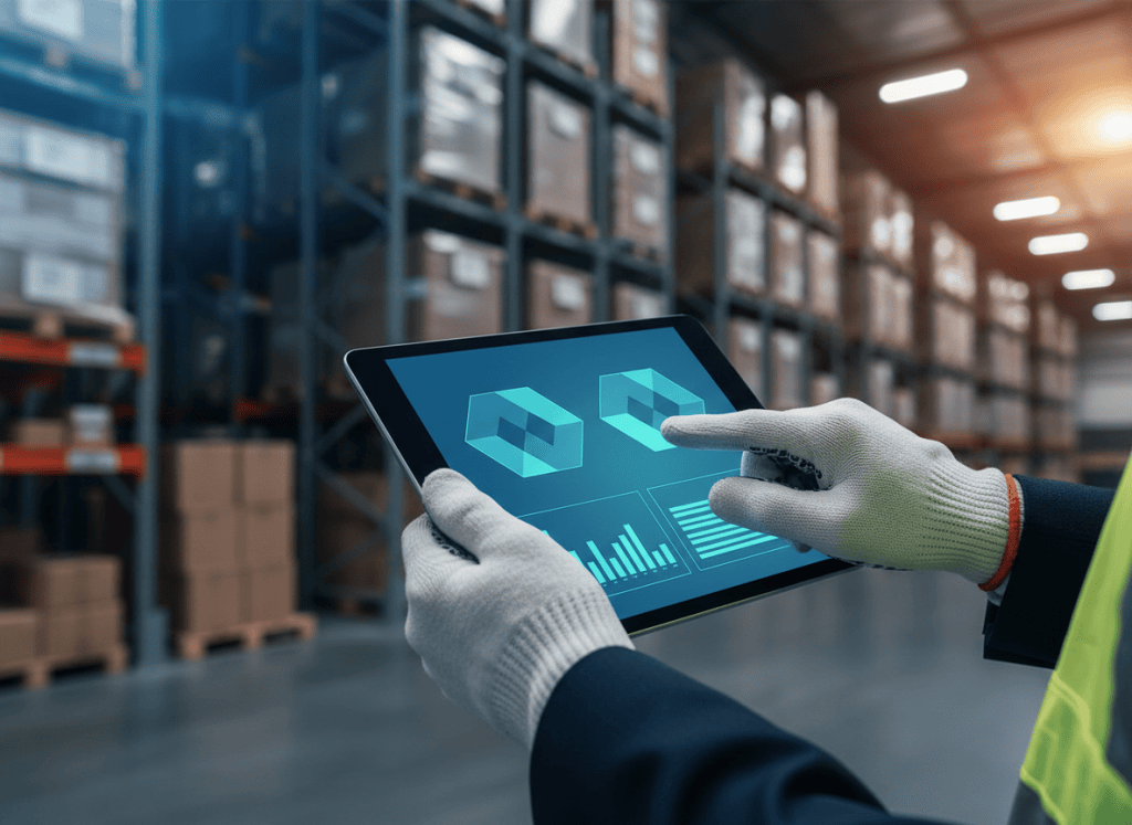 Un responsable logistique consulte un tableau de bord de gestion de stock sur une tablette dans un entrepôt.