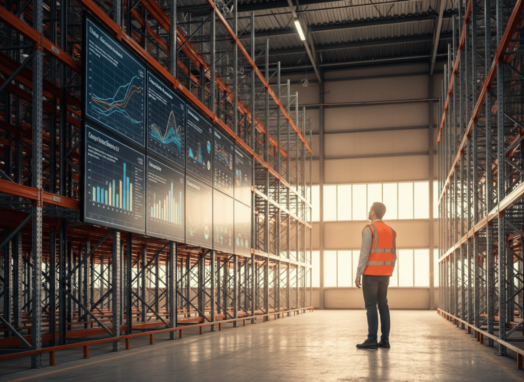 Responsable logistique observant un écran de tableau de bord dans un entrepôt moderne