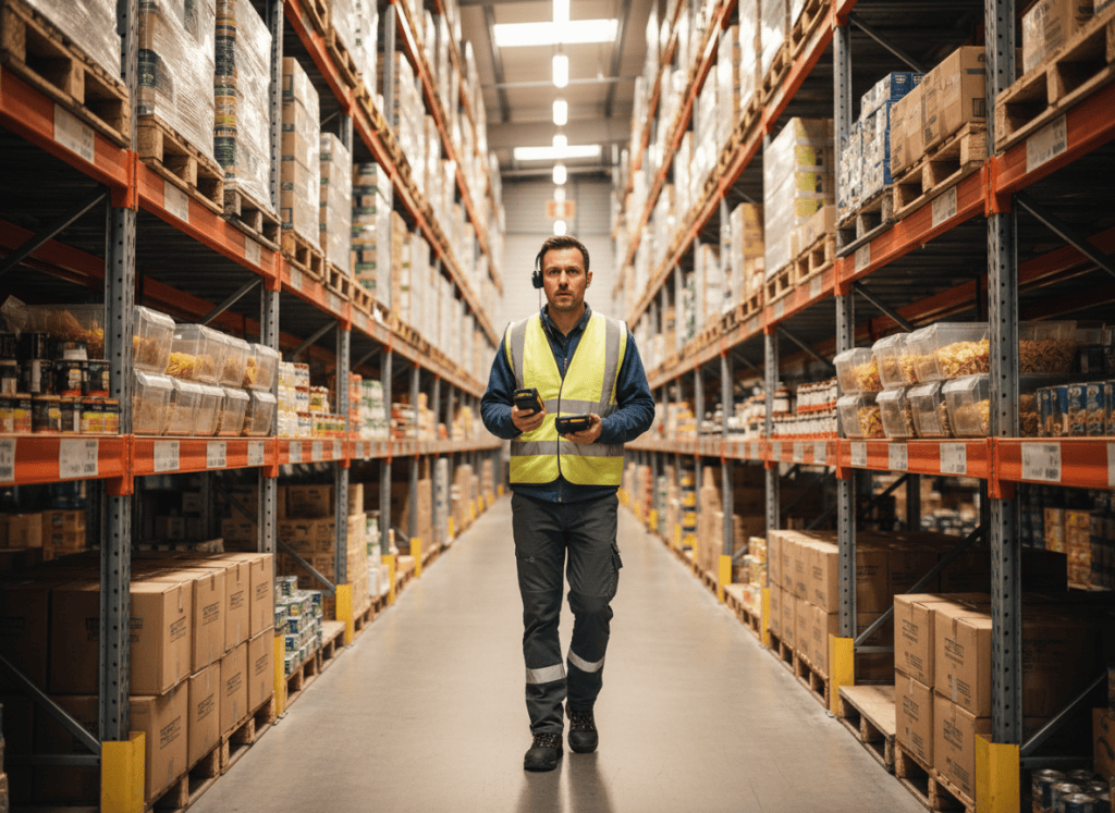 Préparateur de commandes équipé d'un casque vocal bluetooth et d'un terminal, en train de suivre le guidage vocal dans une allée d'entrepôt agroalimentaire