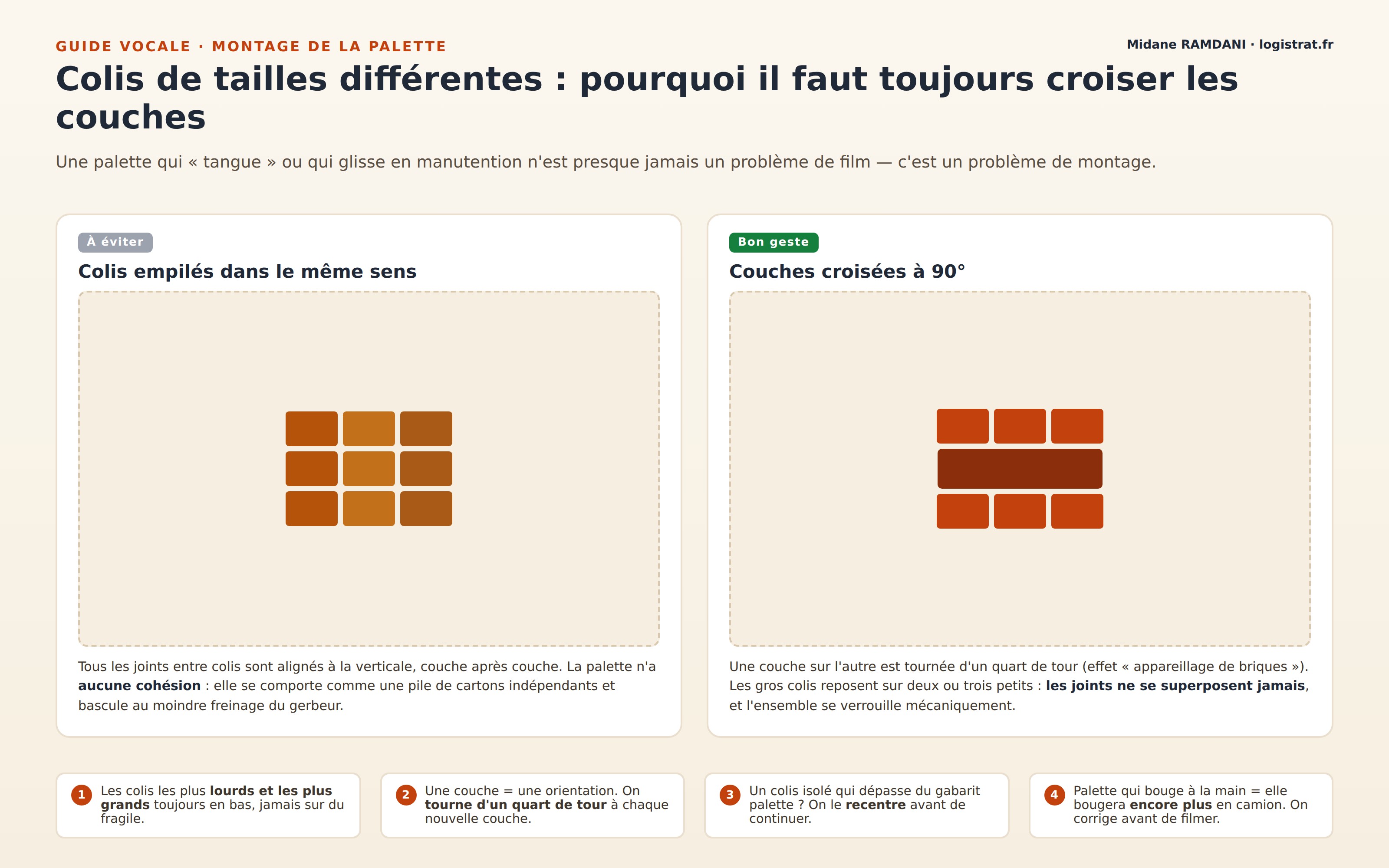 Schéma comparant un montage de palette avec colis empilés dans le même sens et un montage avec couches croisées à 90 degrés pour stabiliser la palette