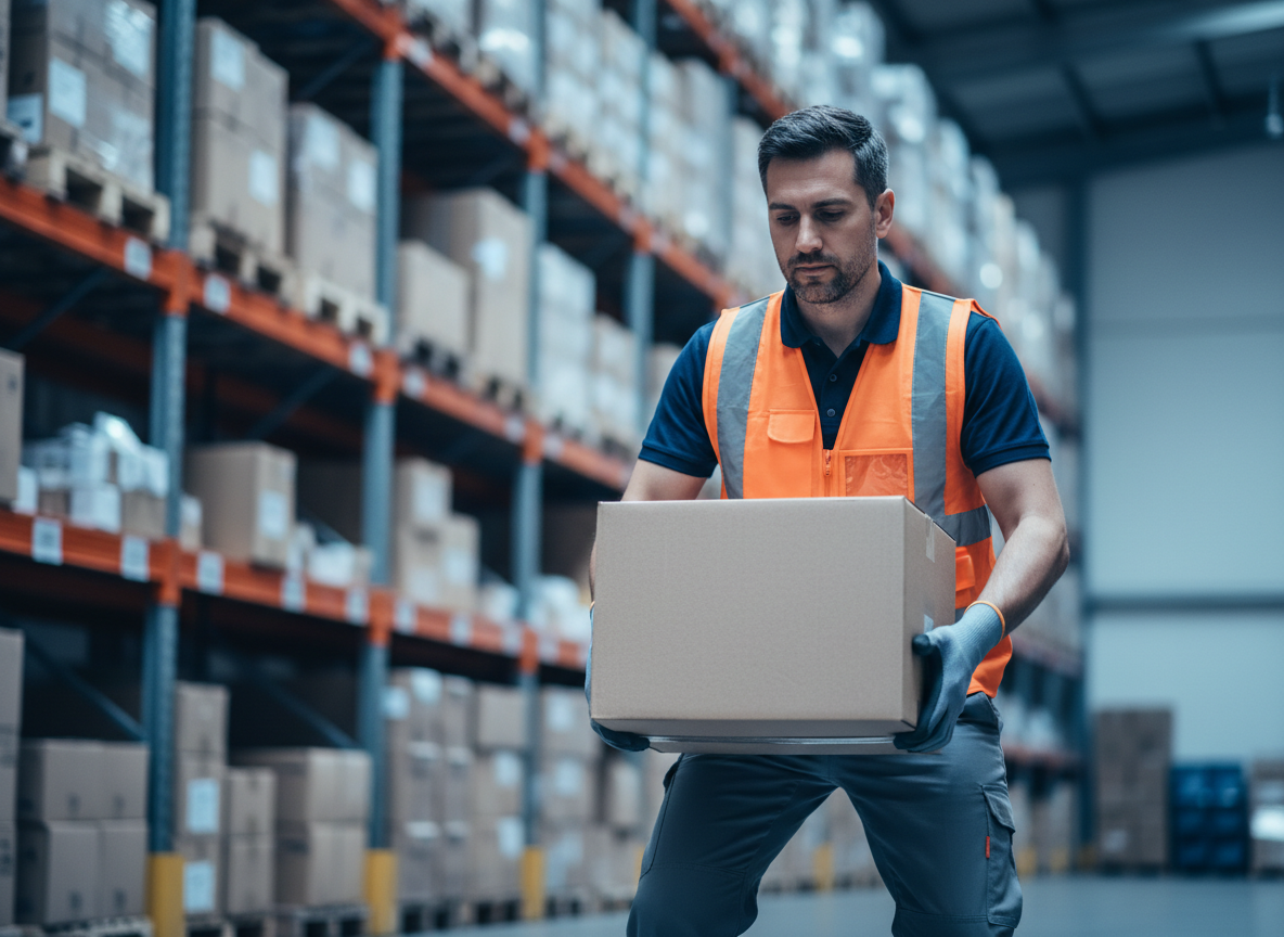 Préparateur de commandes soulevant un carton avec une posture ergonomique correcte en entrepôt, prévention des troubles musculo-squelettiques