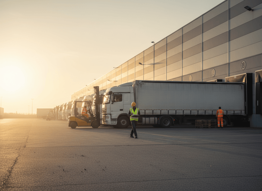 Cour de camions à quai d'un entrepôt logistique au lever du jour, chauffeur en gilet fluorescent entre les véhicules