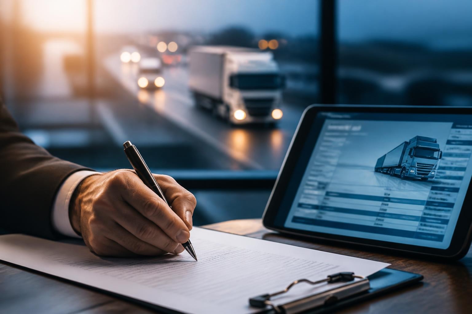 Signature d'un contrat de transport avec en arrière-plan une route et des camions, symbolisant la digitalisation des documents de transport