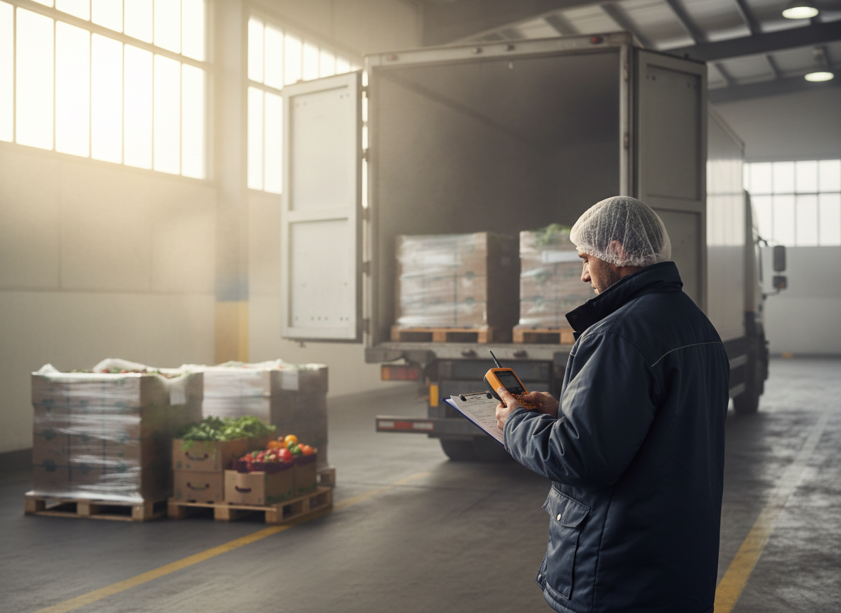Réceptionnaire vérifiant l'enregistreur de température d'un camion frigorifique
