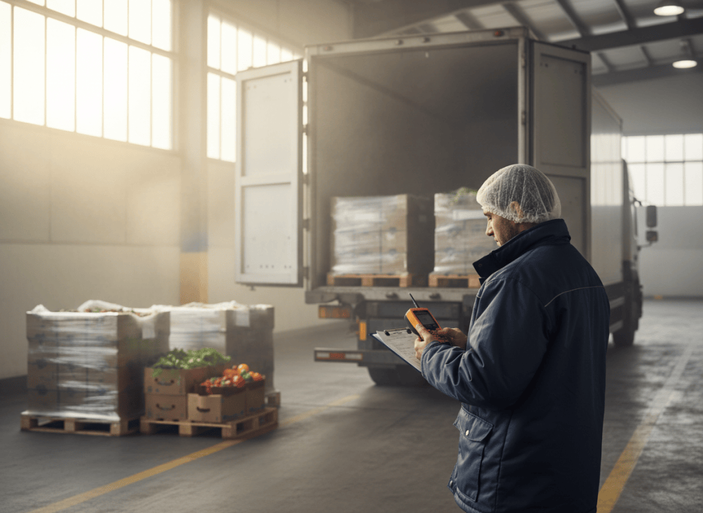 Réceptionnaire vérifiant l'enregistreur de température d'un camion frigorifique au quai