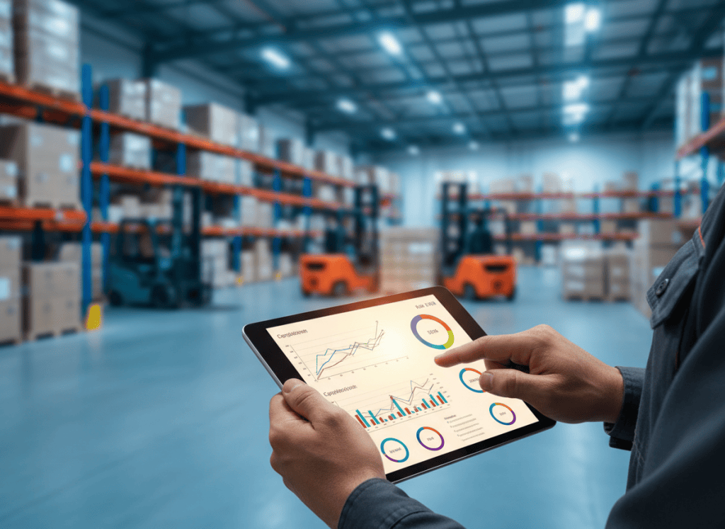 Chef d'équipe logistique consultant les indicateurs de performance sur une tablette en entrepôt