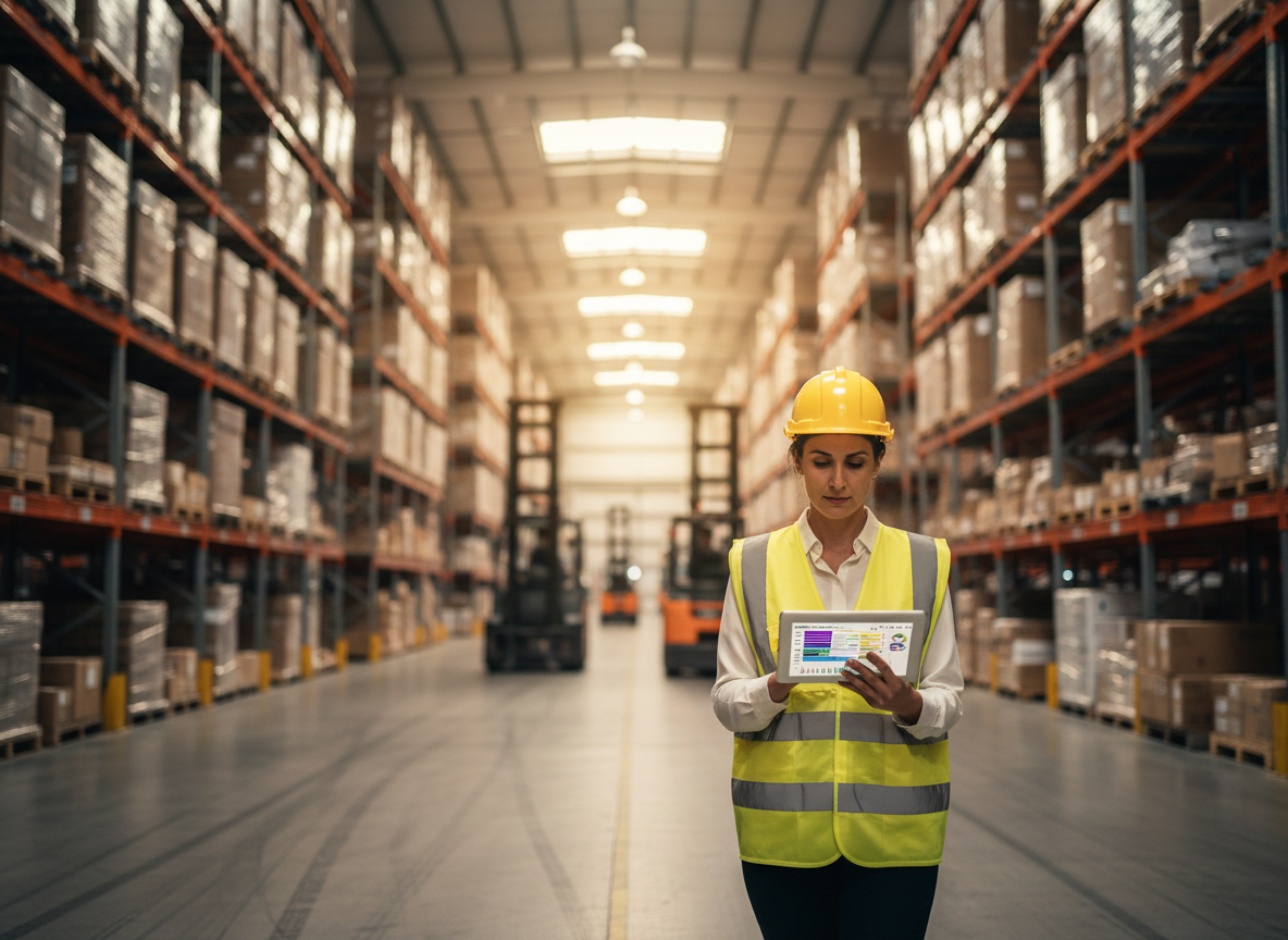 Responsable logistique consultant un tableau de bord WMS sur tablette dans un entrepôt
