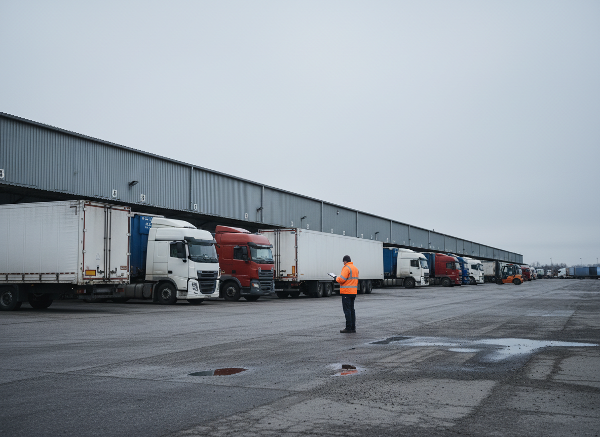 Cour d'un entrepôt logistique avec plusieurs camions de transporteurs différents stationnés aux quais de chargement