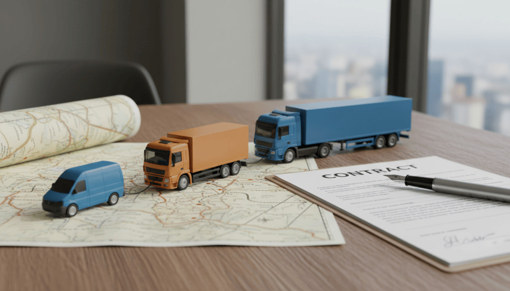 Mise en scène conceptuelle d'une chaîne de sous-traitance en affrètement routier avec camions miniatures et carte routière européenne