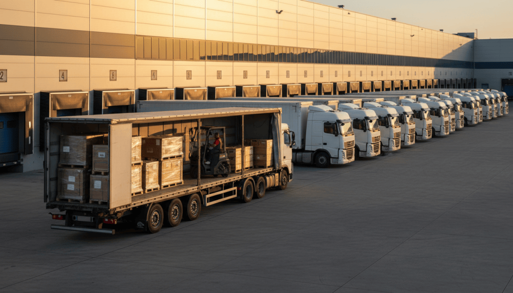 Camions de transporteurs différents alignés sur un quai de plateforme logistique, illustrant une chaîne d'affrètement