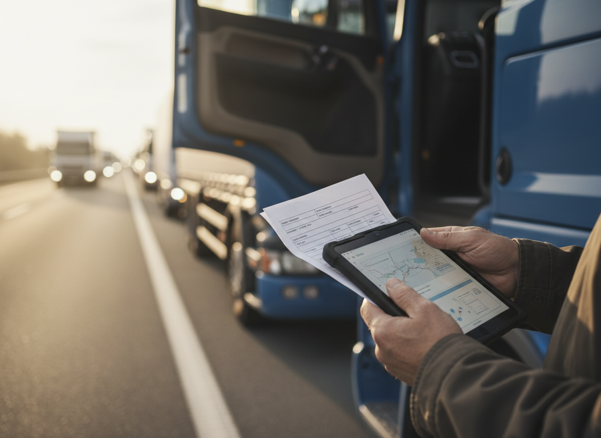 Responsable transport vérifiant un document de livraison avec des camions en arrière-plan sur une route
