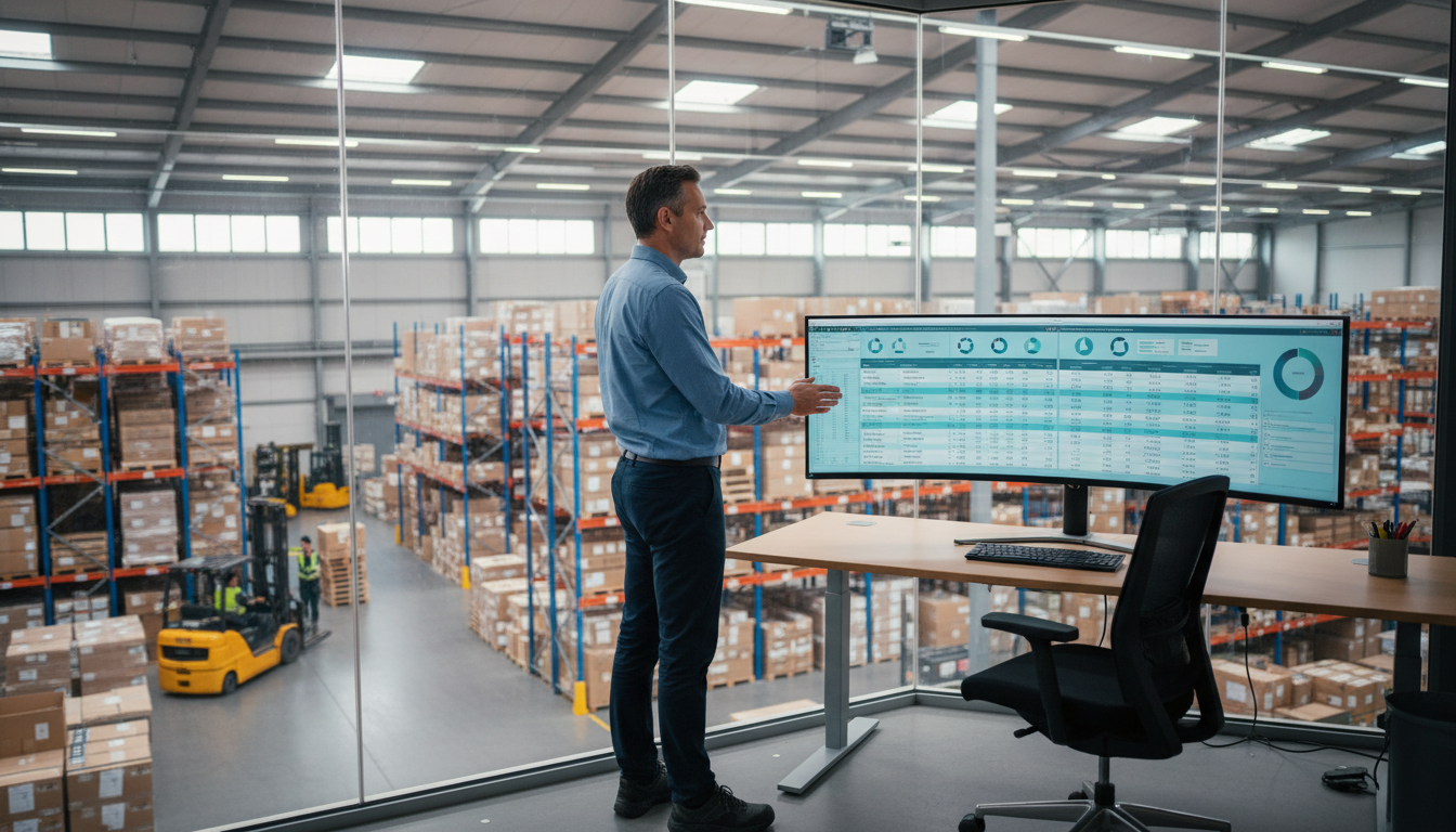 Responsable logistique analysant les données de stock sur un écran dans un entrepôt