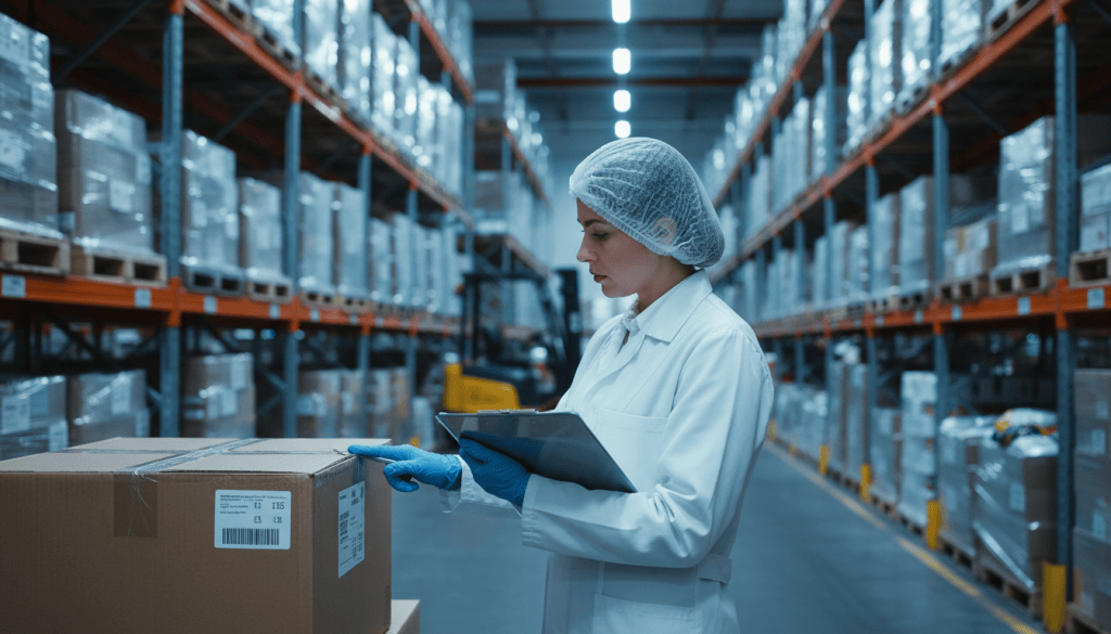 Auditeur hygiène inspectant une allée de stockage réfrigérée dans un entrepôt agroalimentaire, vérifiant l'étiquetage des palettes