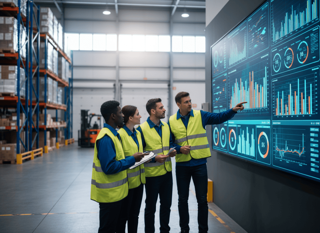 Équipe de superviseurs logistiques échangeant devant un écran d'indicateurs au milieu des rayonnages d'un entrepôt