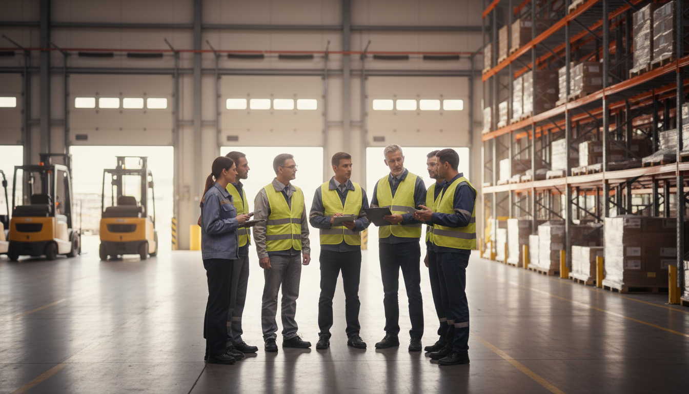 Equipe de pilotage en briefing près des quais lors du démarrage d'un nouveau site logistique