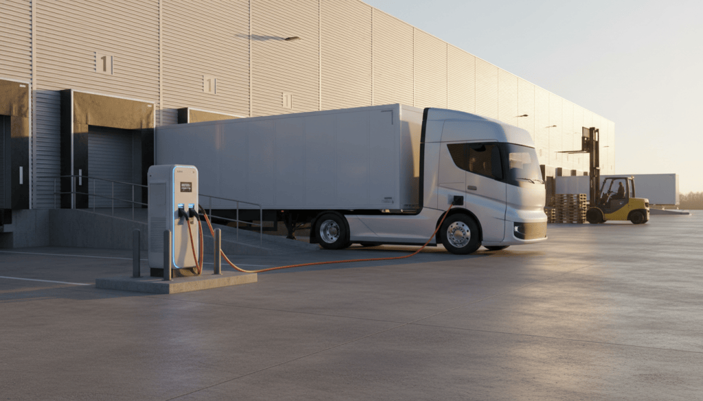 Camion électrique branché à une borne de recharge devant les quais d'un entrepôt logistique à l'aube
