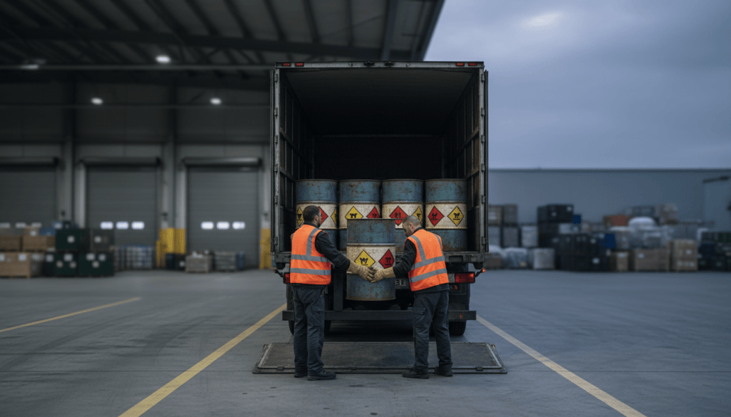 Deux opérateurs en équipement de protection chargent des fûts de déchets dangereux étiquetés sur un camion depuis un quai d'entrepôt logistique.