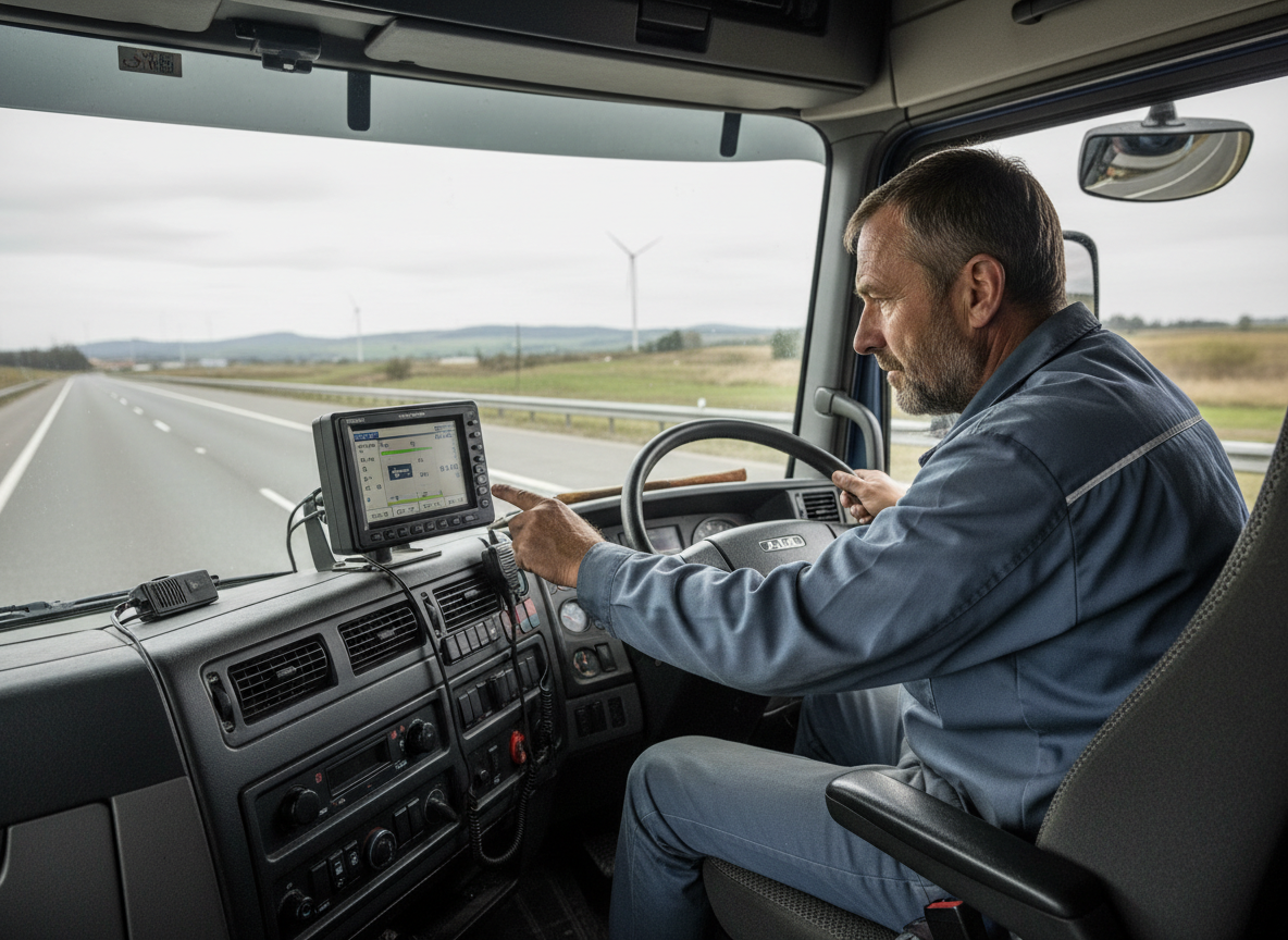 Chauffeur de poids lourd consultant l'écran du tachygraphe numérique dans la cabine de son camion