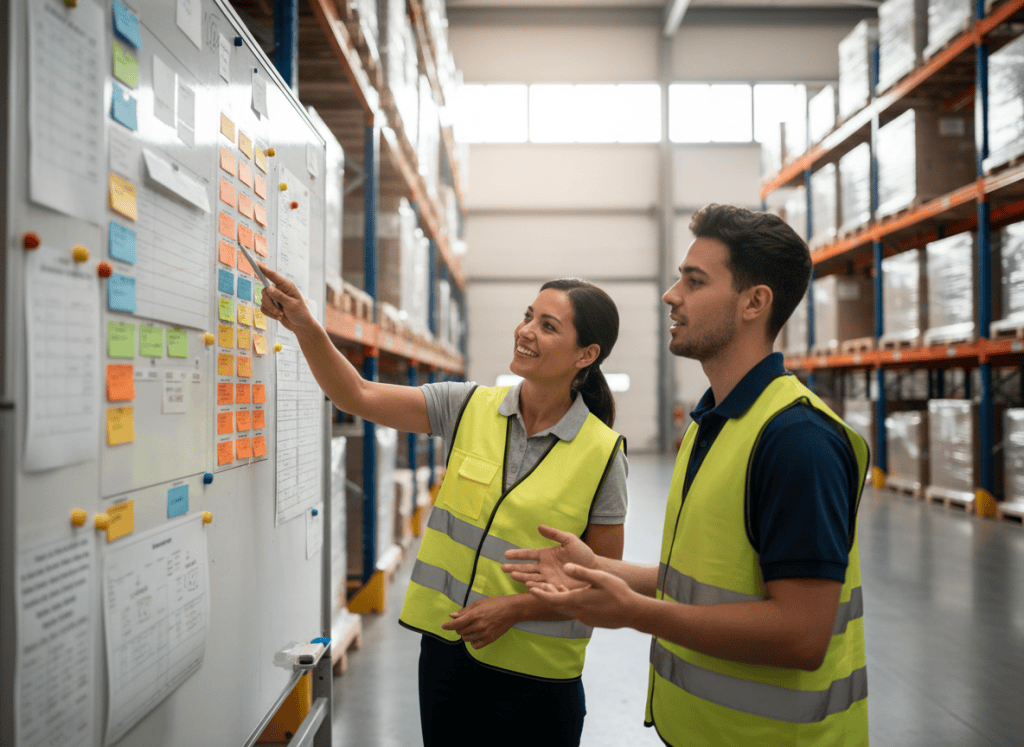 Un chef d'équipe et un opérateur échangent devant un tableau de management visuel dans un entrepôt logistique