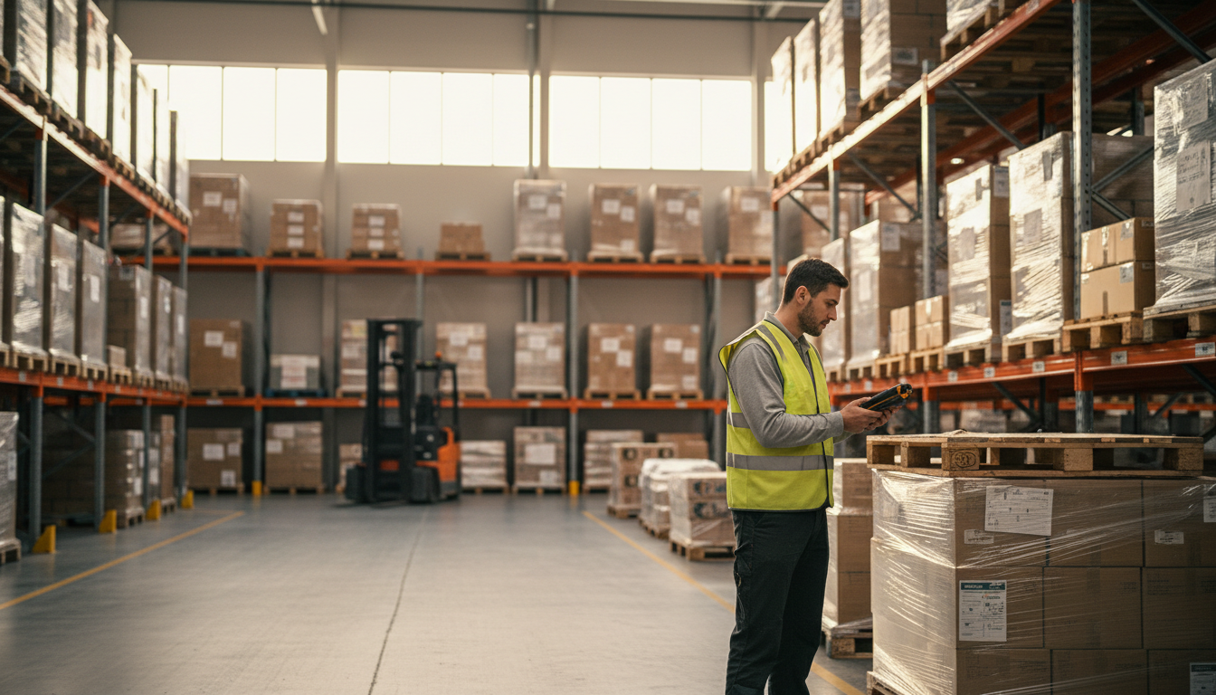 Opérateur logistique vérifiant un stock de palettes avec un scanner dans un entrepôt