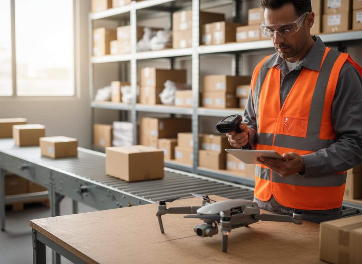 Opérateur logistique scannant et qualifiant un produit retourné avec un terminal portable et une tablette